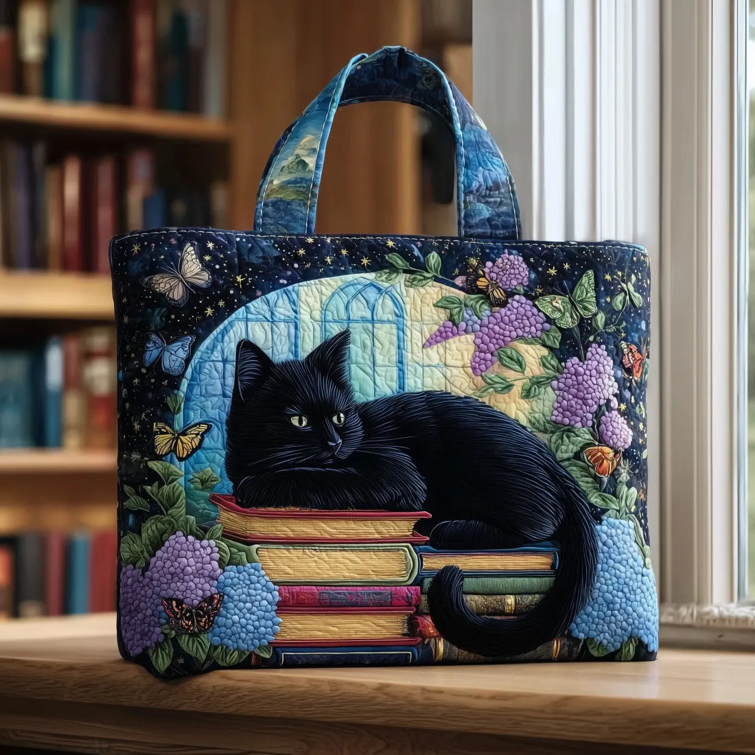 Bolso artesanal gato negro sobre los libros