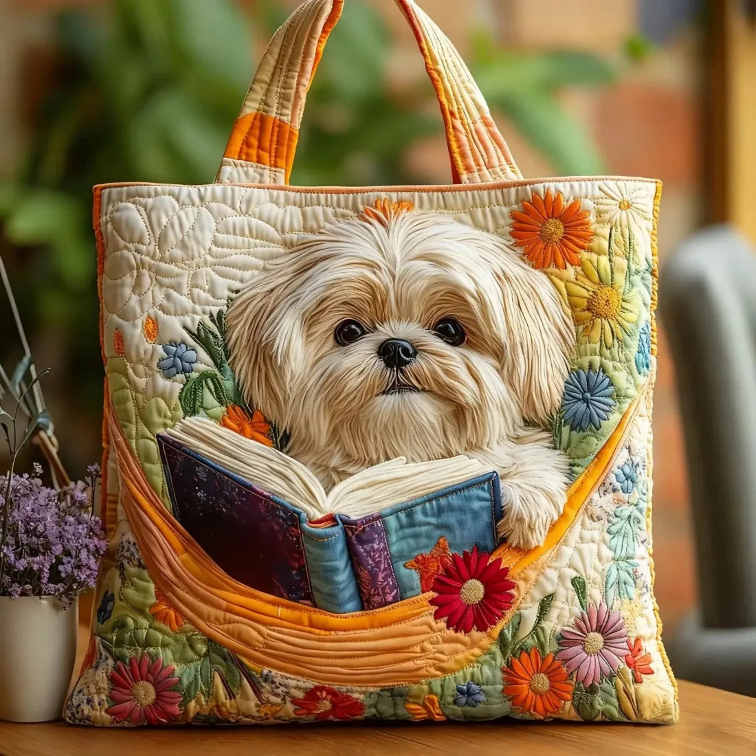 Bolso artesanal Shih Tzu con libros y flores