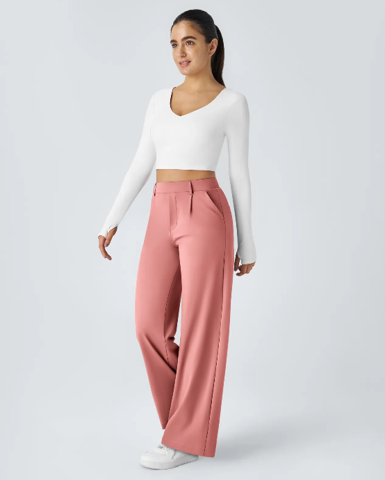 Pantalones de trabajo de cintura alta con bolsillos y pernera recta