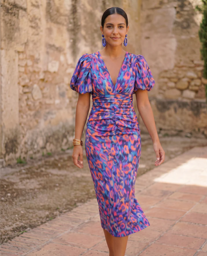 Carla | Vestido midi estampado con mangas abullonadas