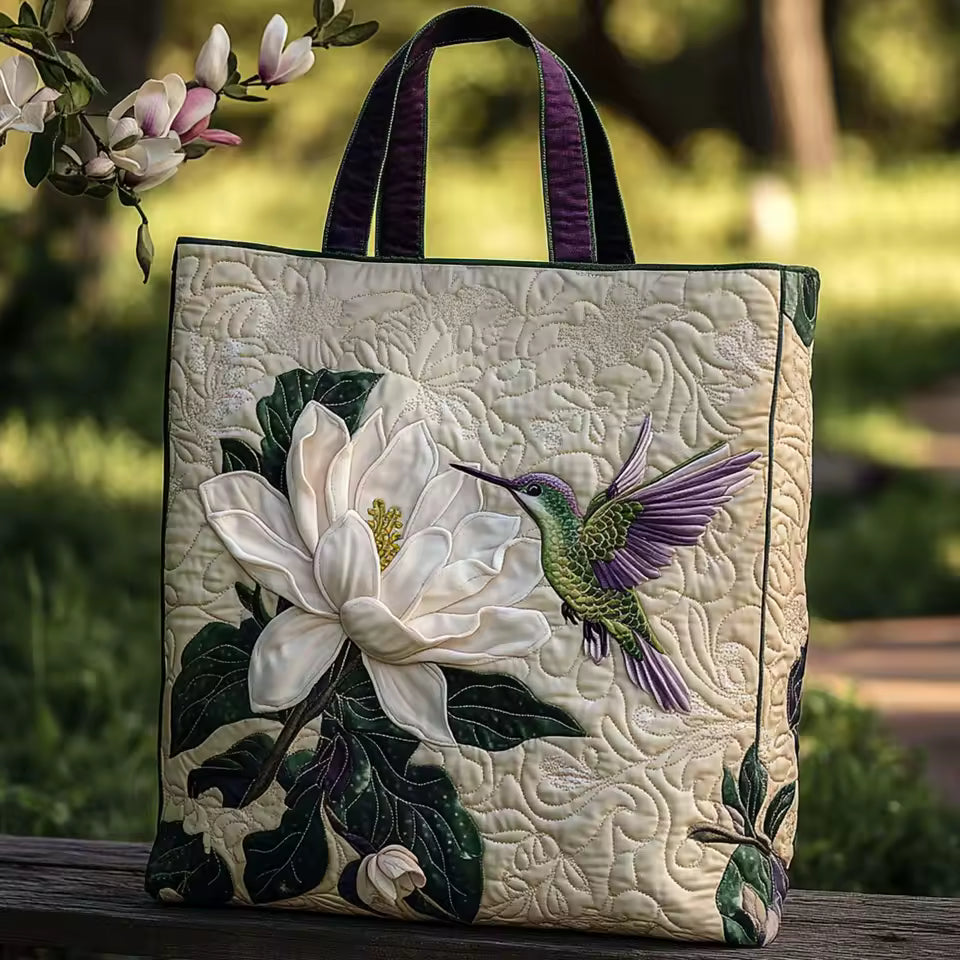Borsa imbottita realizzata a mano con colibrì e fiore bianco