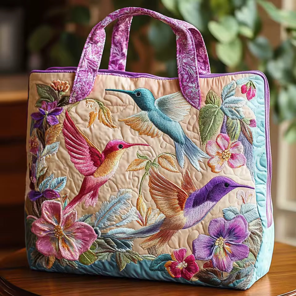 Bolso acolchado hecho a mano con colibríes y flores