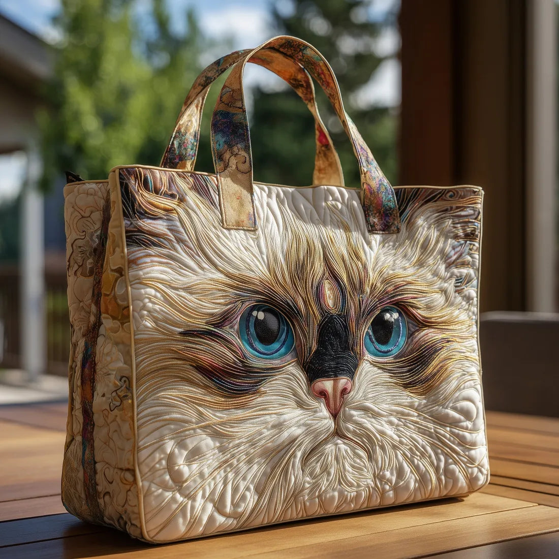 Bolso artesanal de gato blanco con ojos azules
