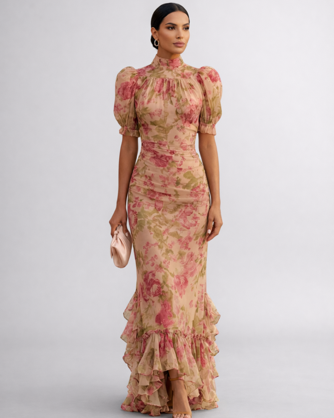 Vestido largo floral de gasa con cuello alto