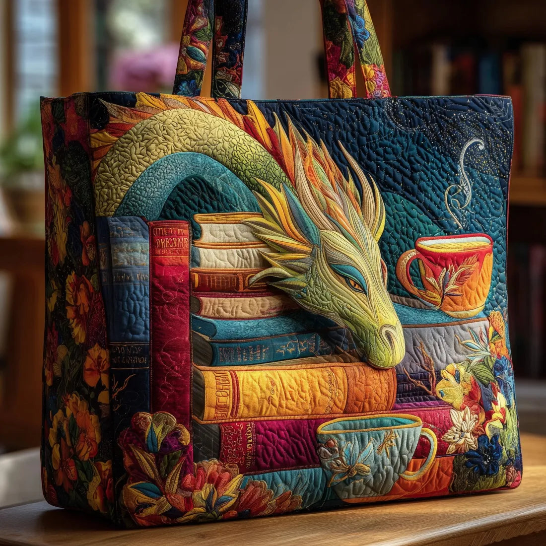 Bolso de hombro artesanal de Dragon con libros y tazas