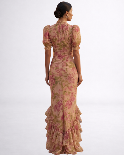 Vestido largo floral de gasa con cuello alto