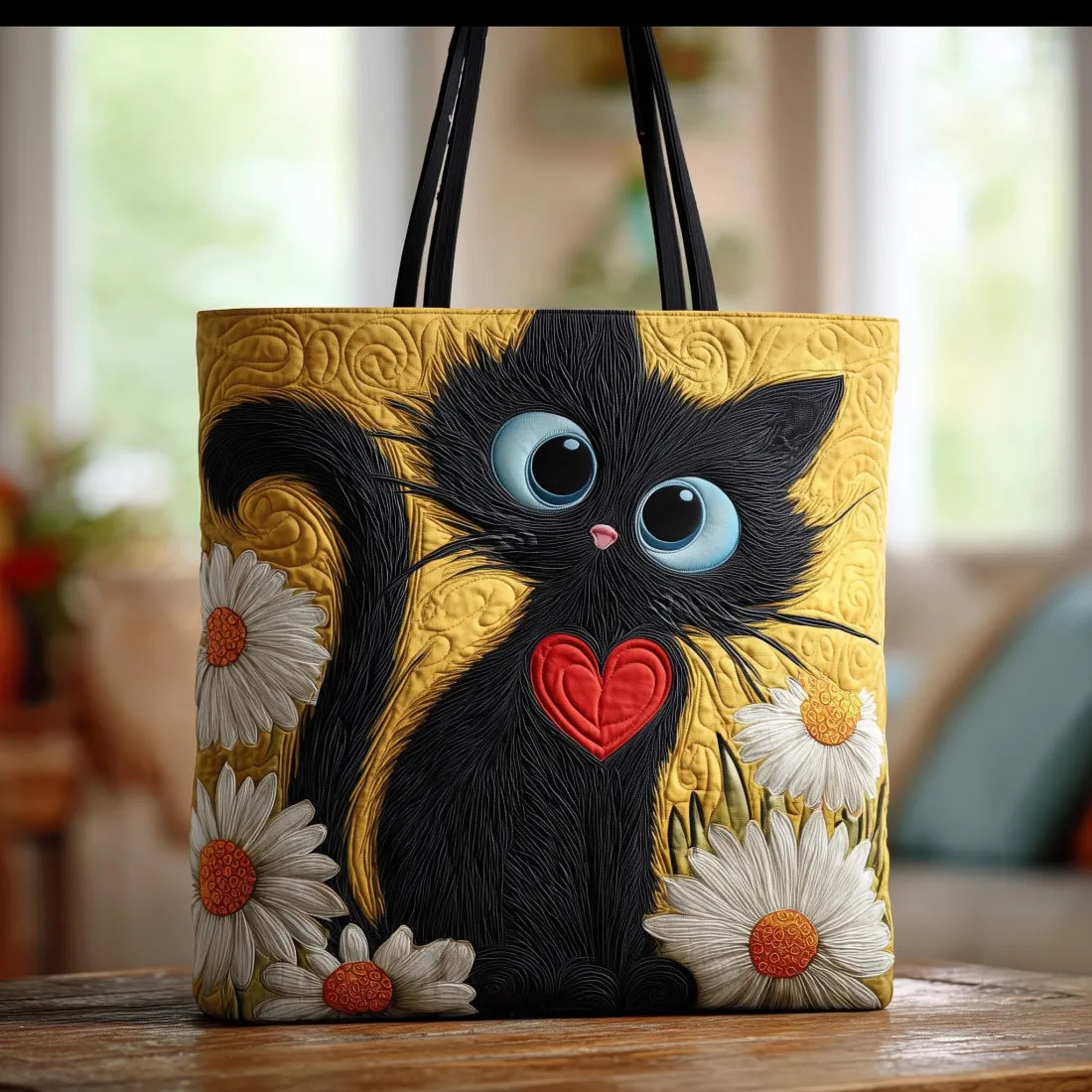 Bolso artesanal gato negro con corazón y margaritas
