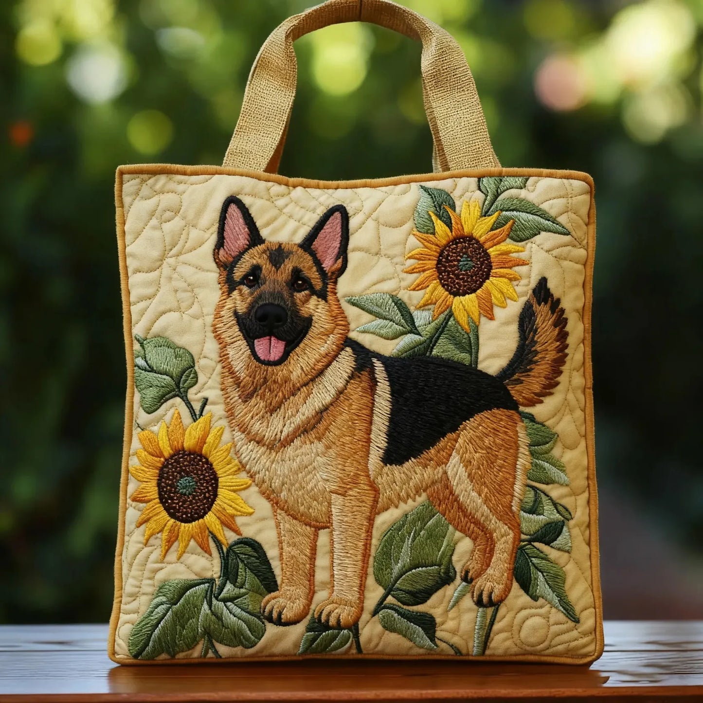 Bolso artesanal con motivos florales y un pastor alemán