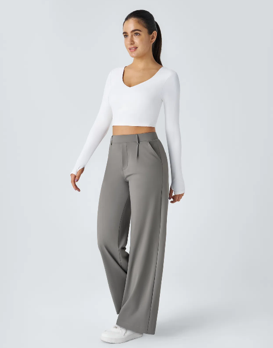 Pantalones de trabajo de cintura alta con bolsillos y pernera recta