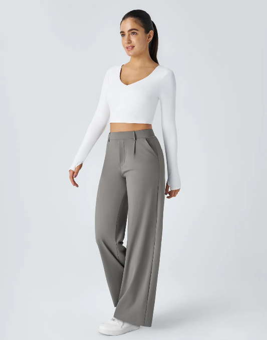 Pantalones de trabajo de cintura alta con bolsillos y pernera recta