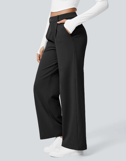 Pantalones de trabajo de cintura alta con bolsillos y pernera recta