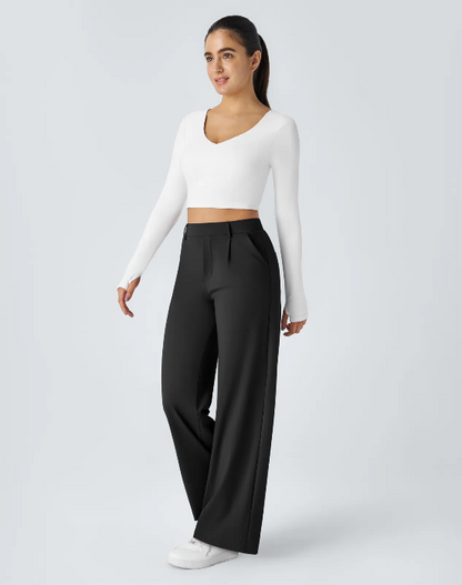 Pantalones de trabajo de cintura alta con bolsillos y pernera recta