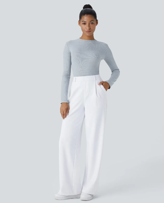 Pantalones de trabajo de cintura alta con bolsillos y pernera recta