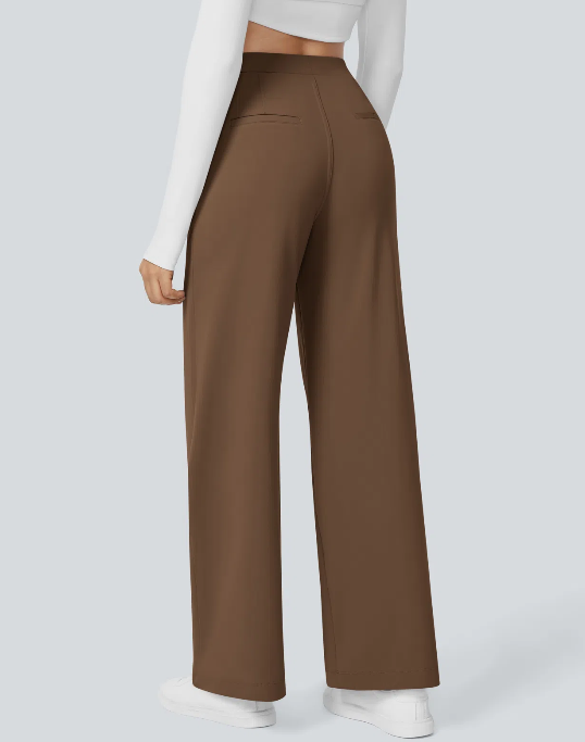 Pantalones de trabajo de cintura alta con bolsillos y pernera recta