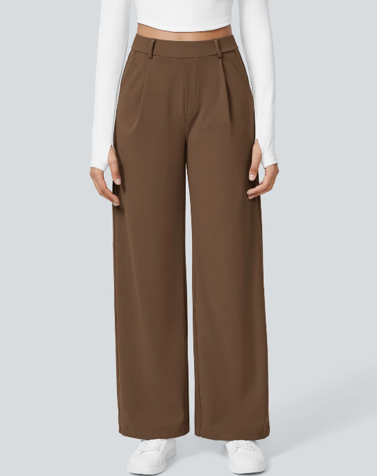 Pantalones de trabajo de cintura alta con bolsillos y pernera recta