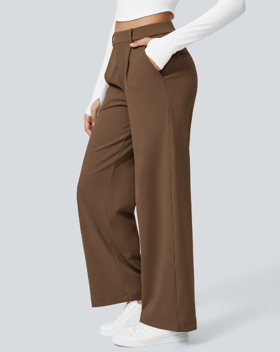 Pantalones de trabajo de cintura alta con bolsillos y pernera recta
