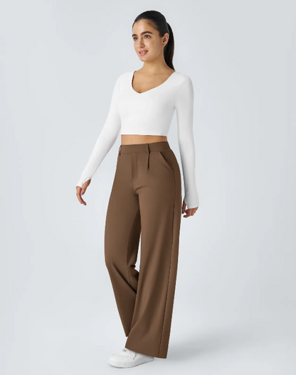 Pantalones de trabajo de cintura alta con bolsillos y pernera recta