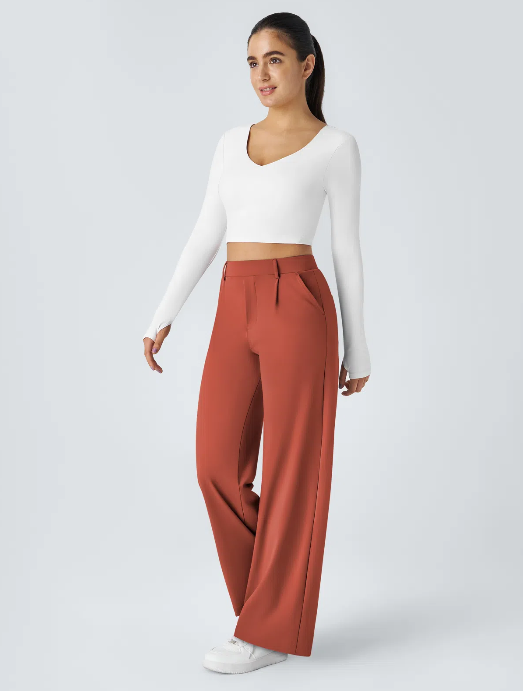 Pantalones de trabajo de cintura alta con bolsillos y pernera recta