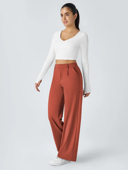 Pantalones de trabajo de cintura alta con bolsillos y pernera recta