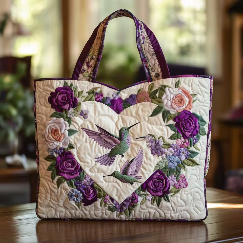 Bolso acolchado hecho a mano con un colibrí sobre un corazón