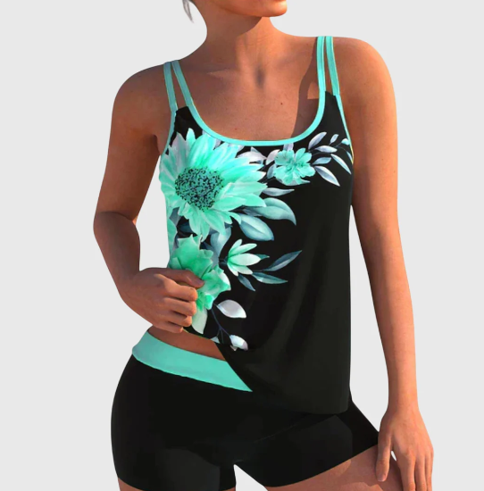 Flor – Tankini floral con shorts, efecto aplanador de abdomen