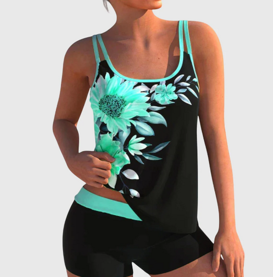 Flor – Tankini floral con shorts, efecto aplanador de abdomen