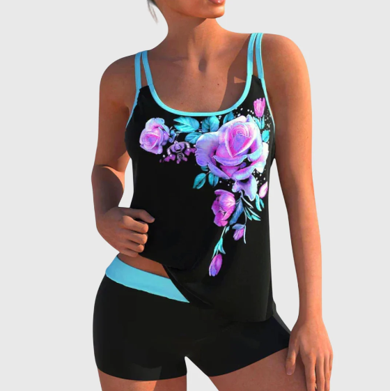 Flor – Tankini floral con shorts, efecto aplanador de abdomen