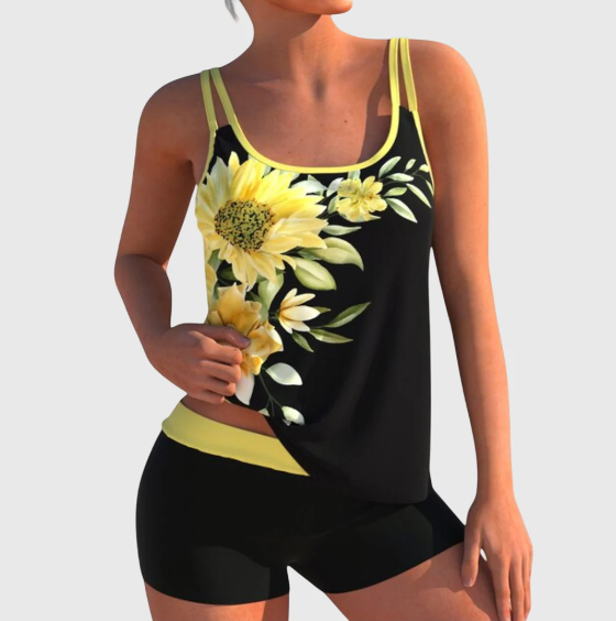 Flor – Tankini floral con shorts, efecto aplanador de abdomen
