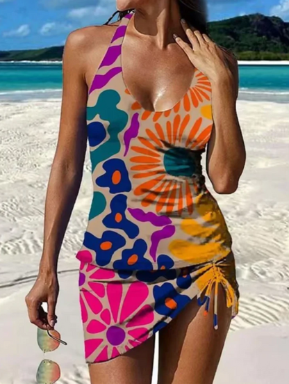 Fiesta – Tankini con estampado floral y shorts, efecto aplanador de abdomen.