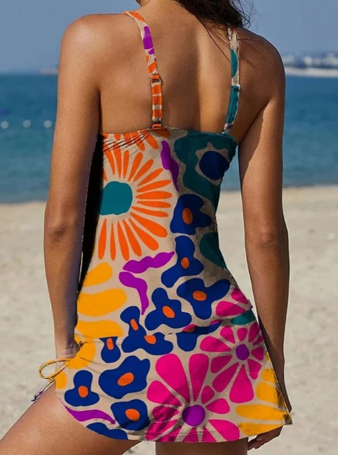 Fiesta – Tankini con estampado floral y shorts, efecto aplanador de abdomen.