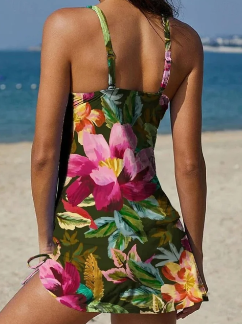Fiesta – Tankini con estampado floral y shorts, efecto aplanador de abdomen.