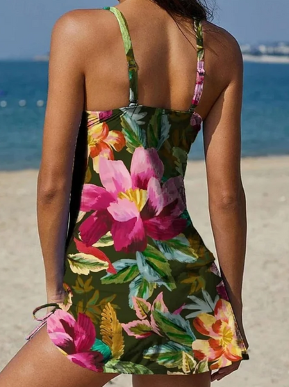 Fiesta – Tankini con estampado floral y shorts, efecto aplanador de abdomen.