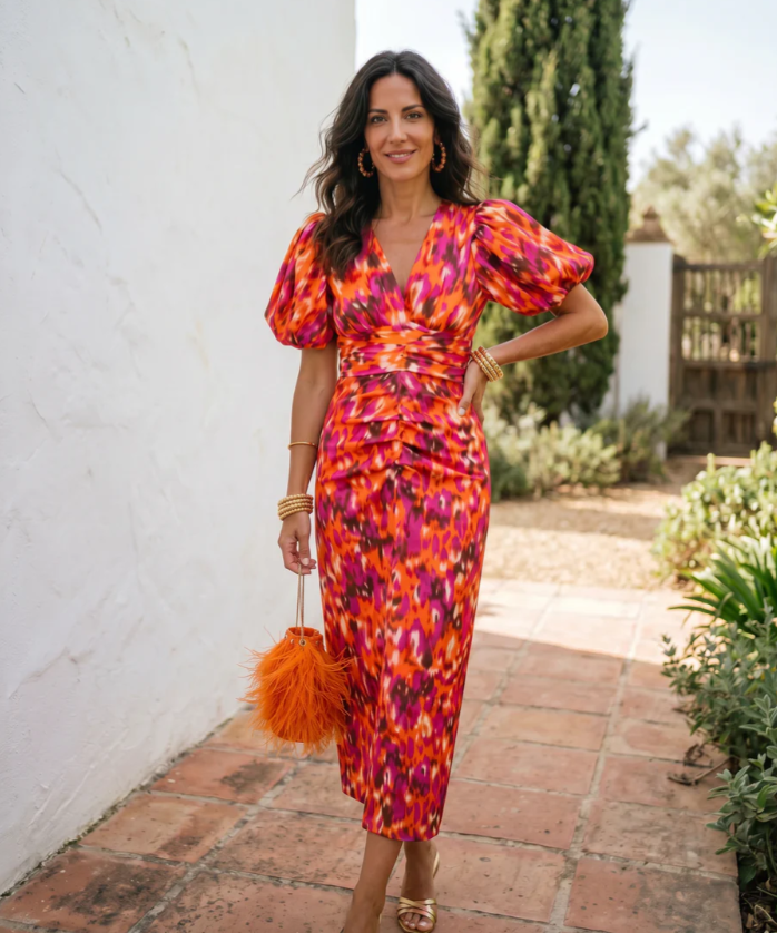 Carla | Vestido midi estampado con mangas abullonadas