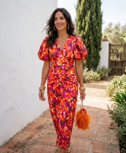 Carla | Vestido midi estampado con mangas abullonadas