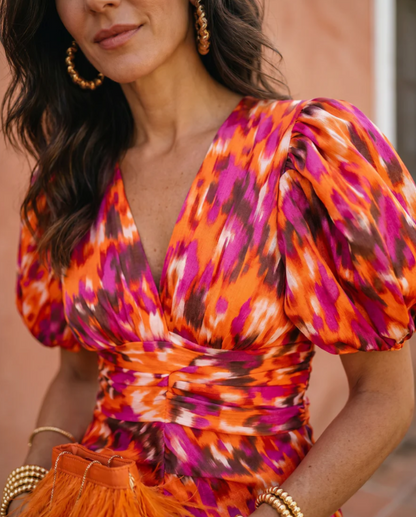 Carla | Vestido midi estampado con mangas abullonadas