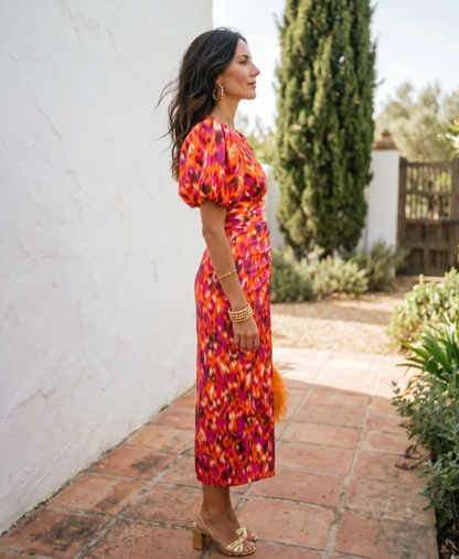 Carla | Vestido midi estampado con mangas abullonadas