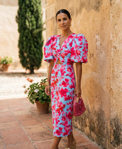 Carla | Vestido midi estampado con mangas abullonadas