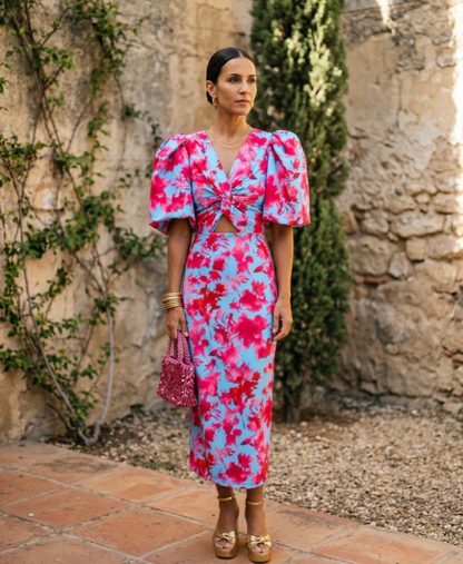 Carla | Vestido midi estampado con mangas abullonadas