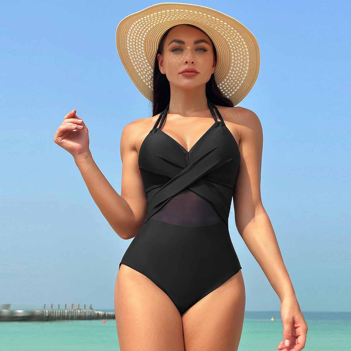 Maillot de Bain Une Pièce Sculptant avec Croisement et Tulle