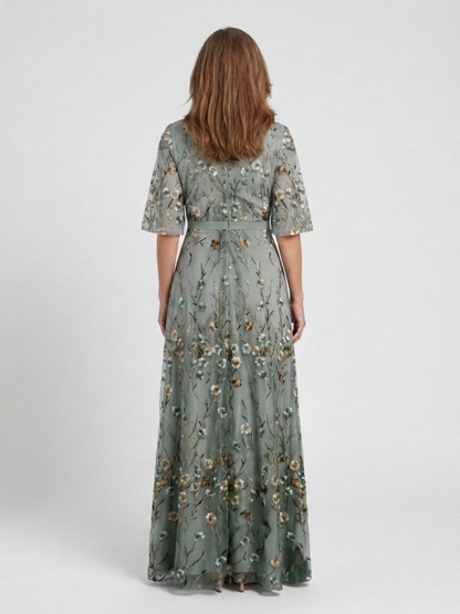 Camille | Robe longue fleurie à col V et manches courtes