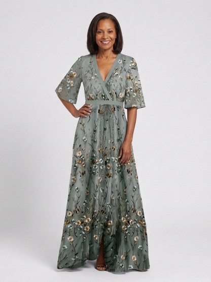 Camille | Robe longue fleurie à col V et manches courtes