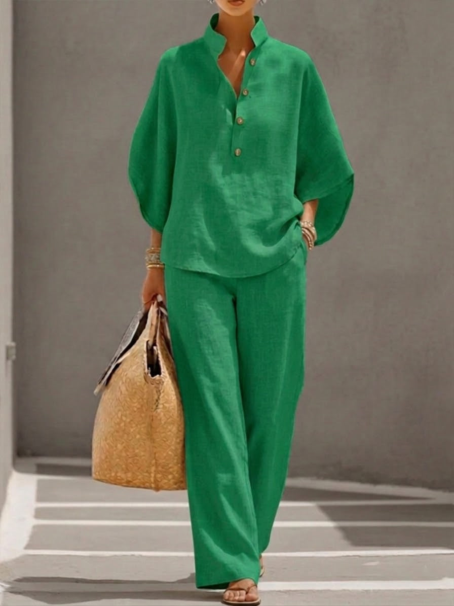 Conjunto de algodón y lino con mangas murciélago y pantalones anchos