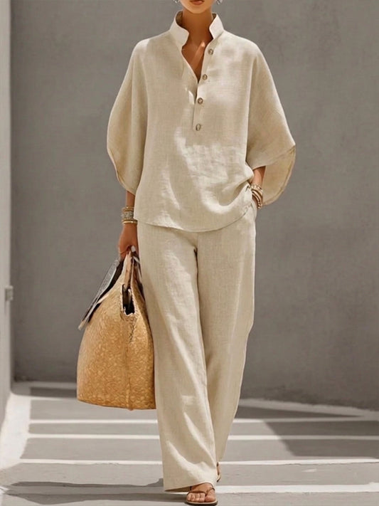 Conjunto de algodón y lino con mangas murciélago y pantalones anchos